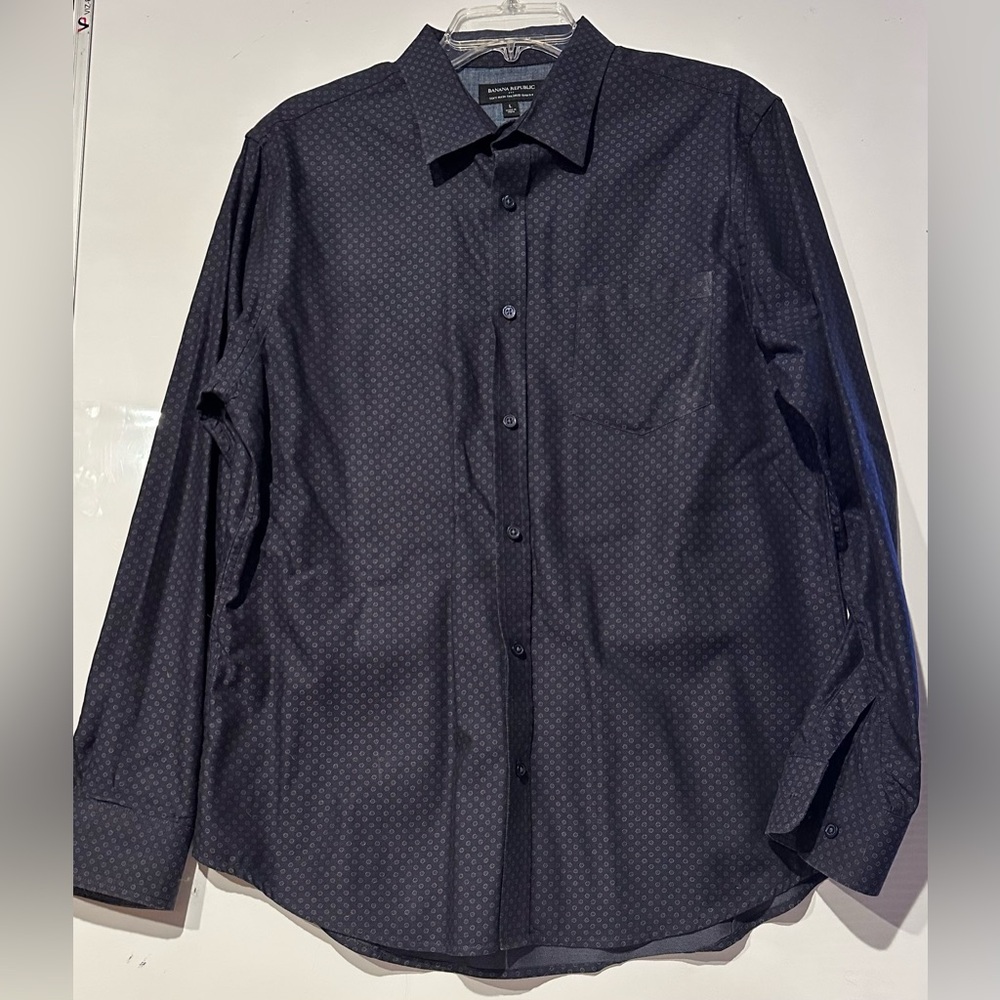 Banana Republic Dress Shirt Men L Cotton Button Down Long Sleeve Navy Geometric.
